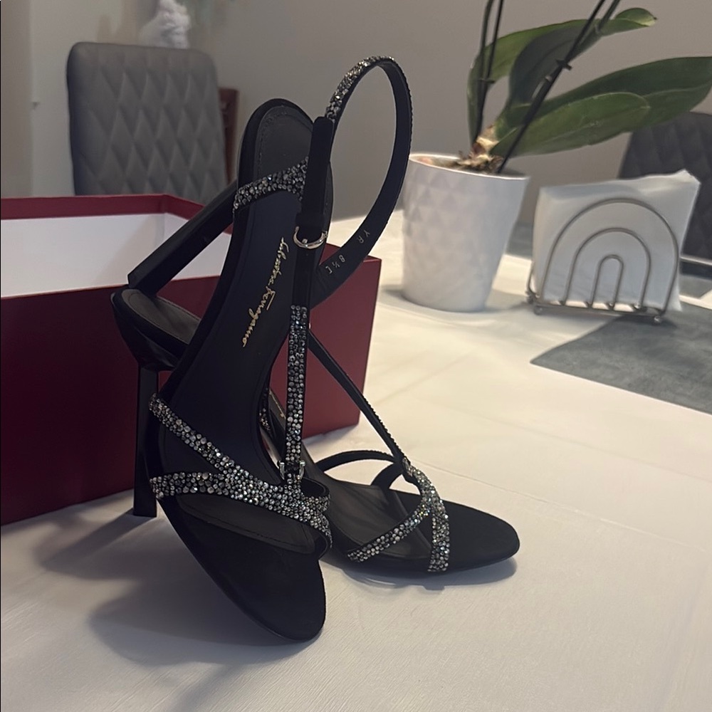 Ferragamo Jole X5 Crystal Elegant Black Strappy Heels